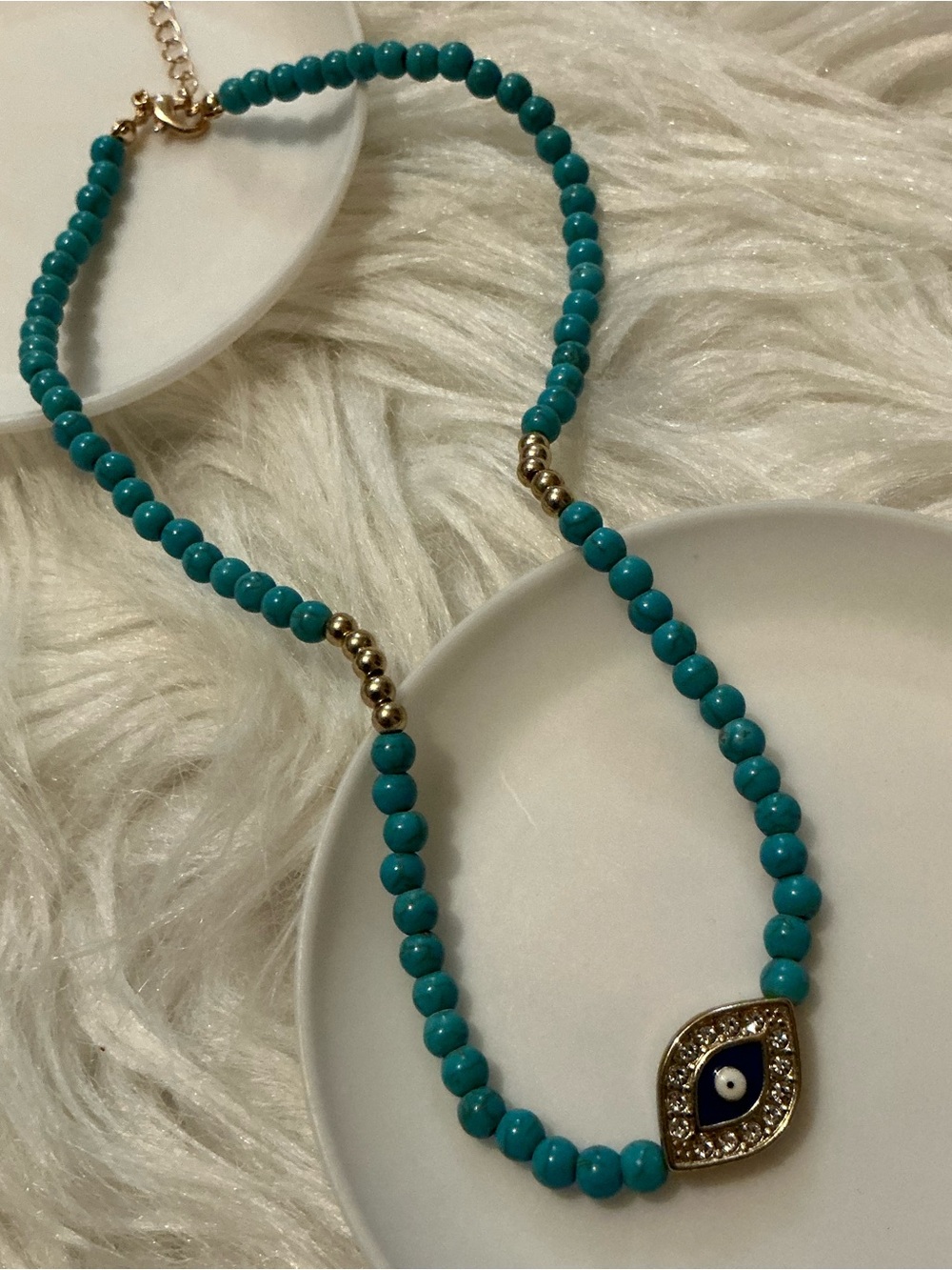 Blue/gold-tone bead evil eye protection high collar necklace